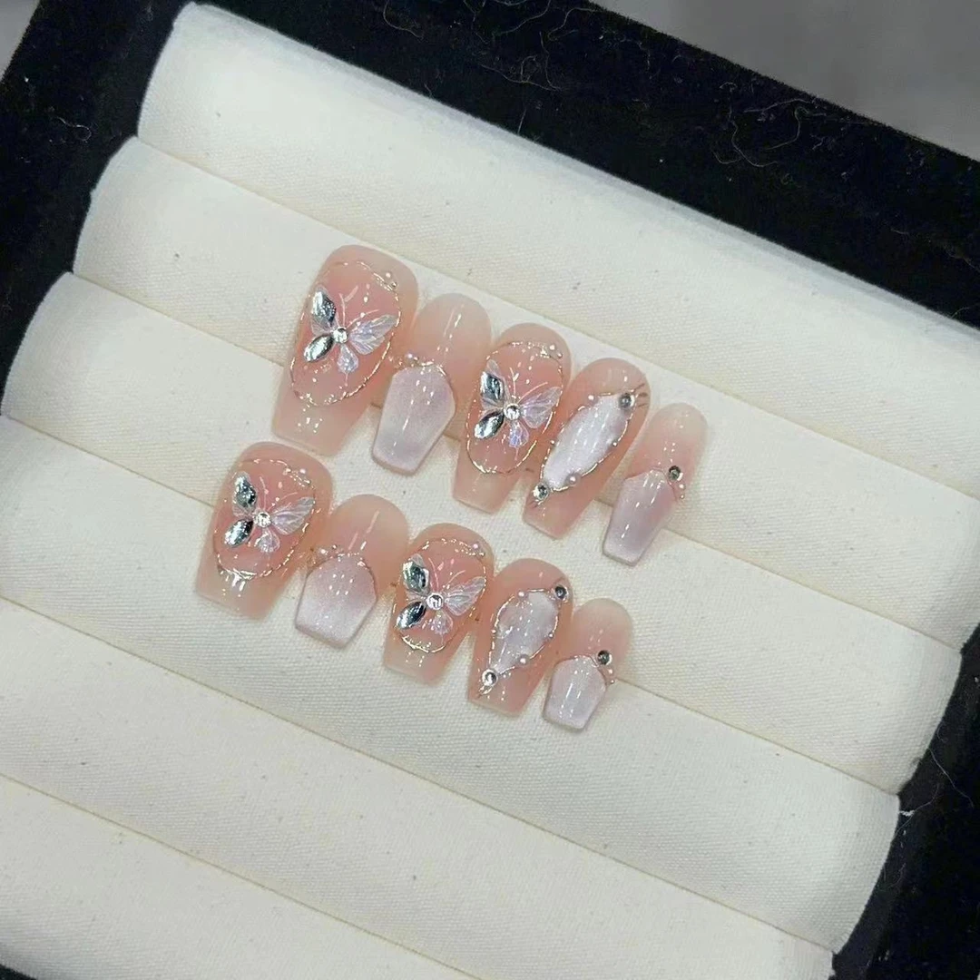 【玉蝶浮影】纯手工穿戴甲蝴蝶猫眼款美甲贴片气质夏季粉色