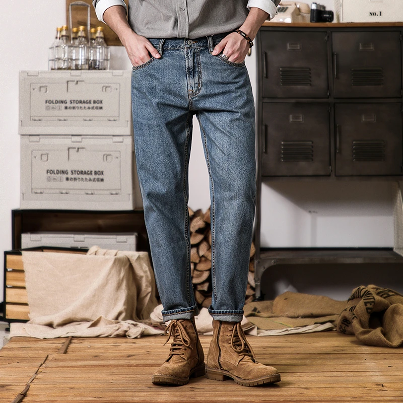 春秋季新款美式复古蓝色锥形小脚九分牛仔裤男款小直筒水洗柔软裤