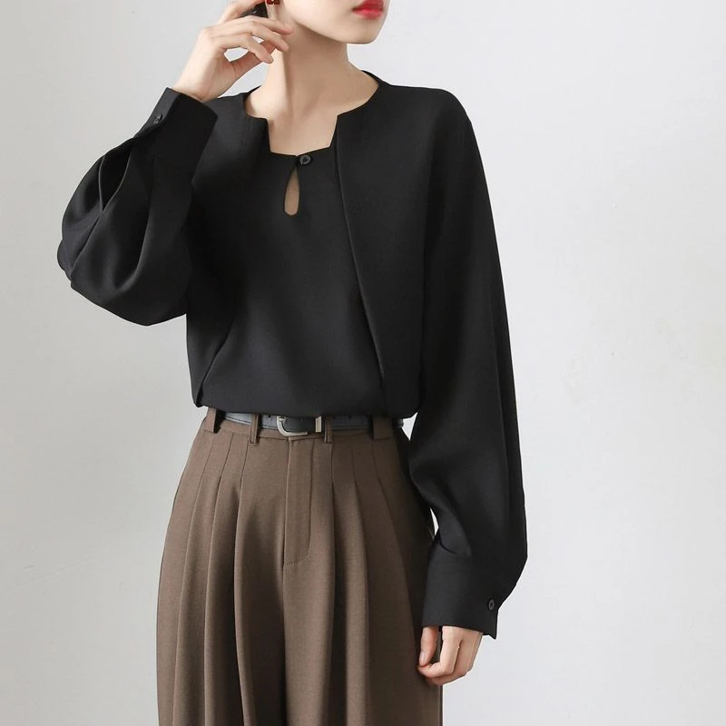 设计感假两件衬衫女2025春季新款叠穿长袖上衣显瘦通勤黑色衬衣潮