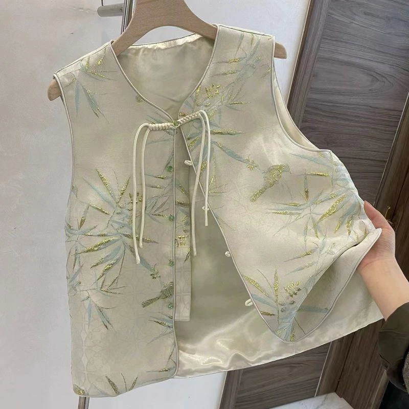 风新中式马甲提花百搭覆古手工盘扣上衣洋派外搭无领大尺码女背心