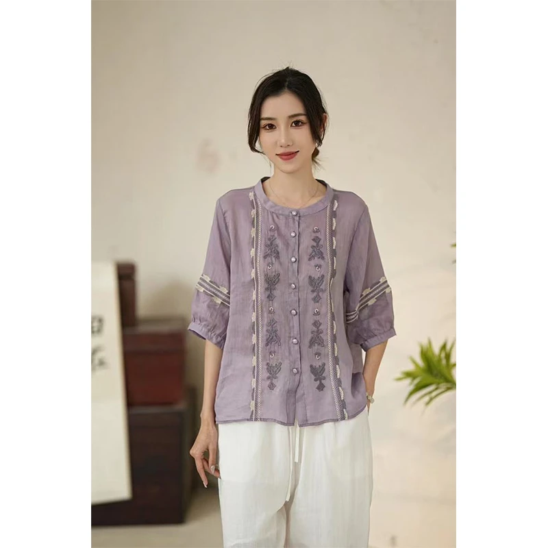 复古苎麻内里包边刺绣圆领衬衫女夏文艺宽松百搭显瘦休闲上衣