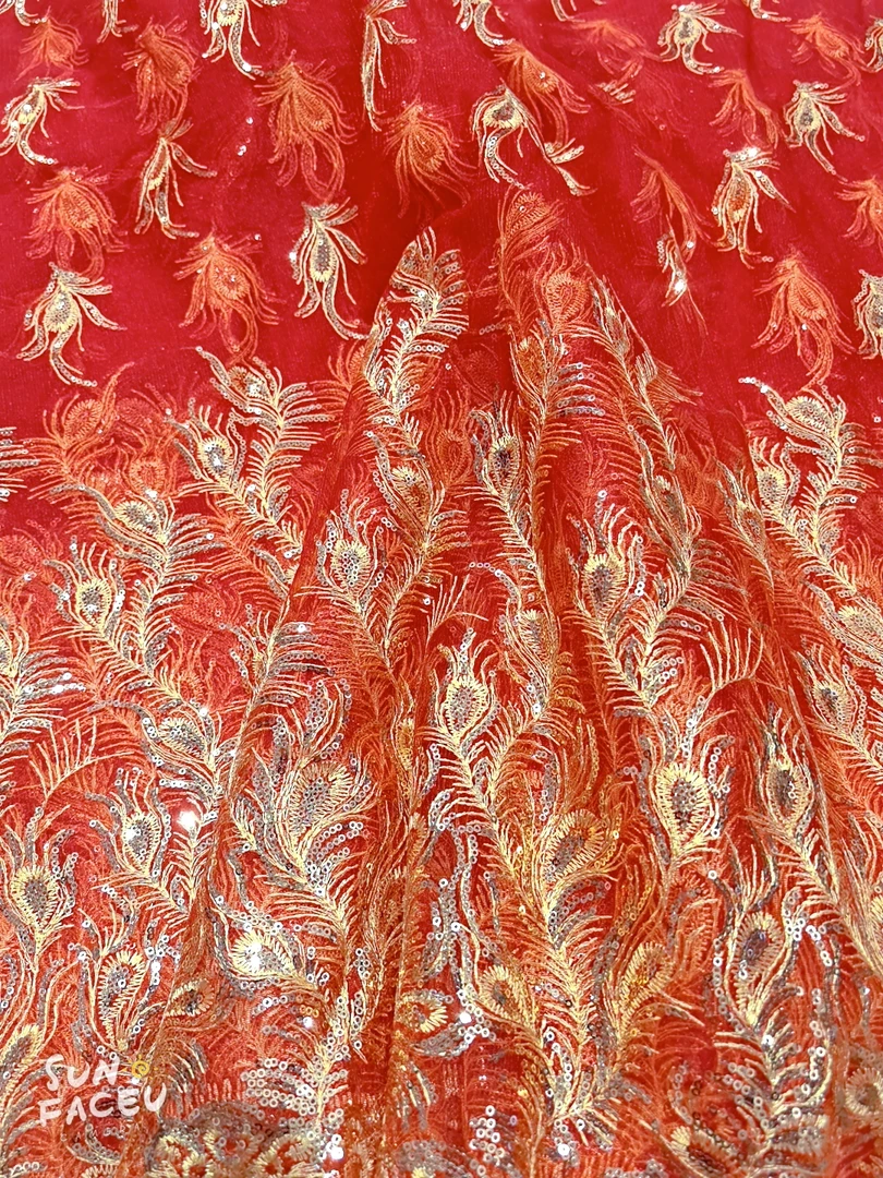 红色双边金凤尾绣花网纱布料可做衣服连衣裙宽1.3米长1米
