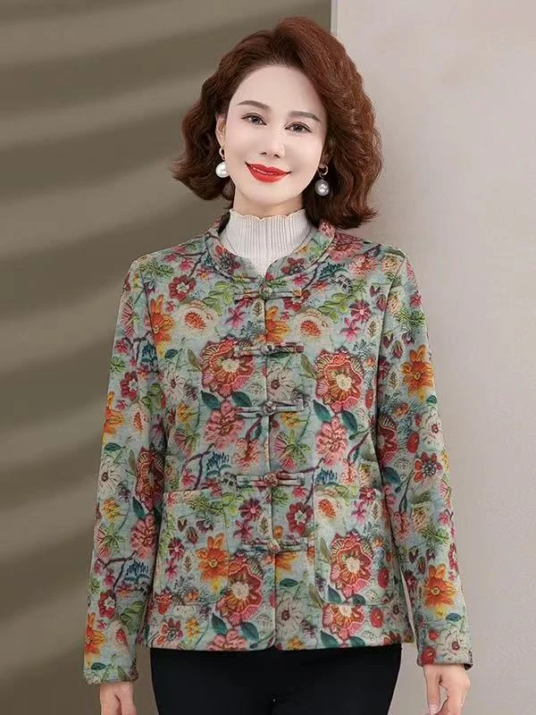 新款秋冬季休闲新中式妈妈装盘扣长袖加绒加厚宽松百搭上衣厚外套