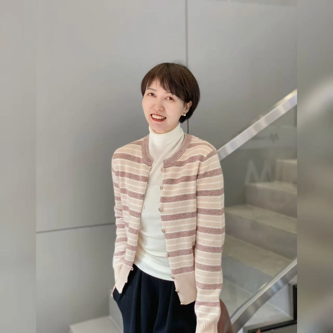 【YAN】复古撞色条纹羊绒羊毛混纺圆领金扣开衫外套 # MT923-B1523
