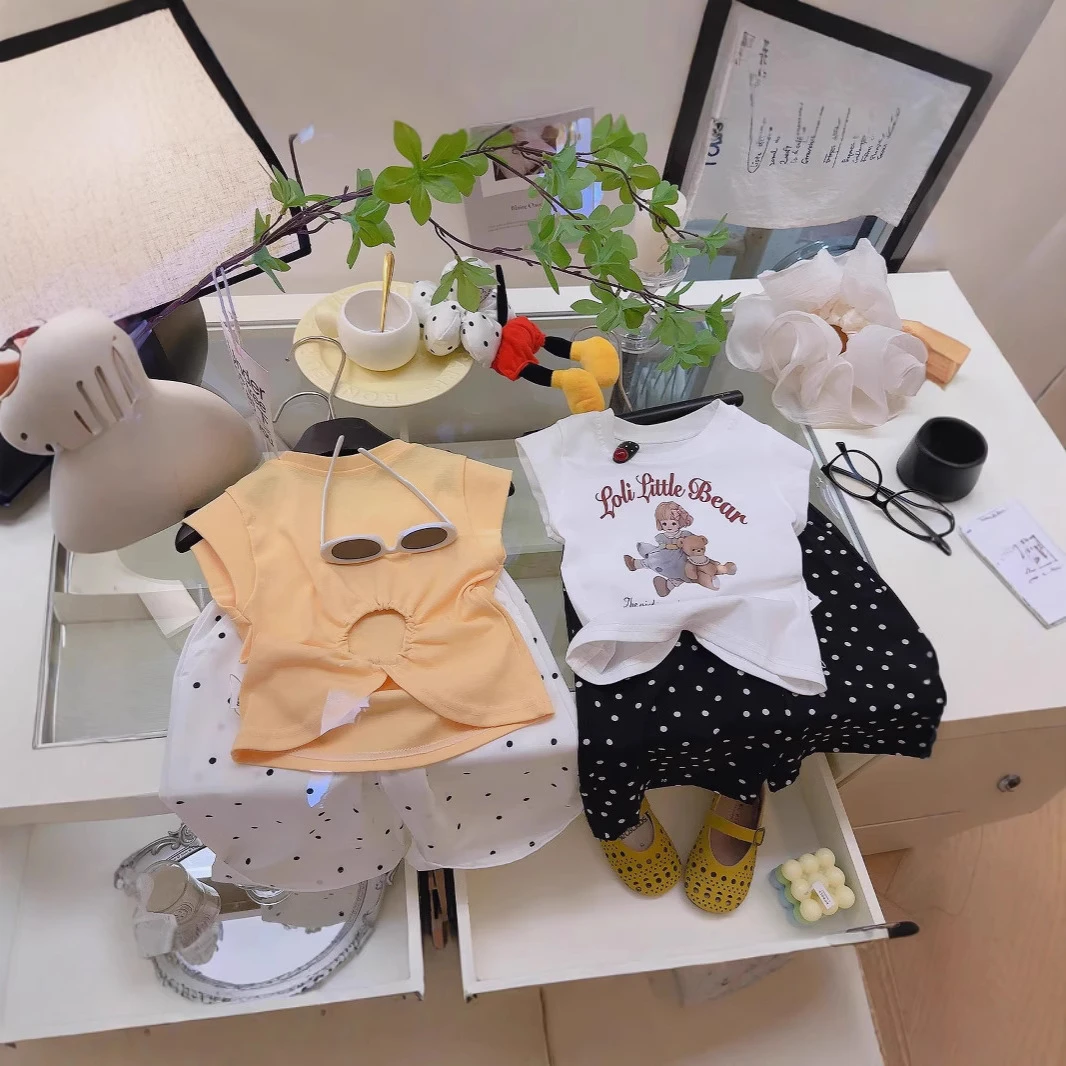 女童套装2025新款儿童后背镂空短袖夏装波点九分阔腿裤两件套