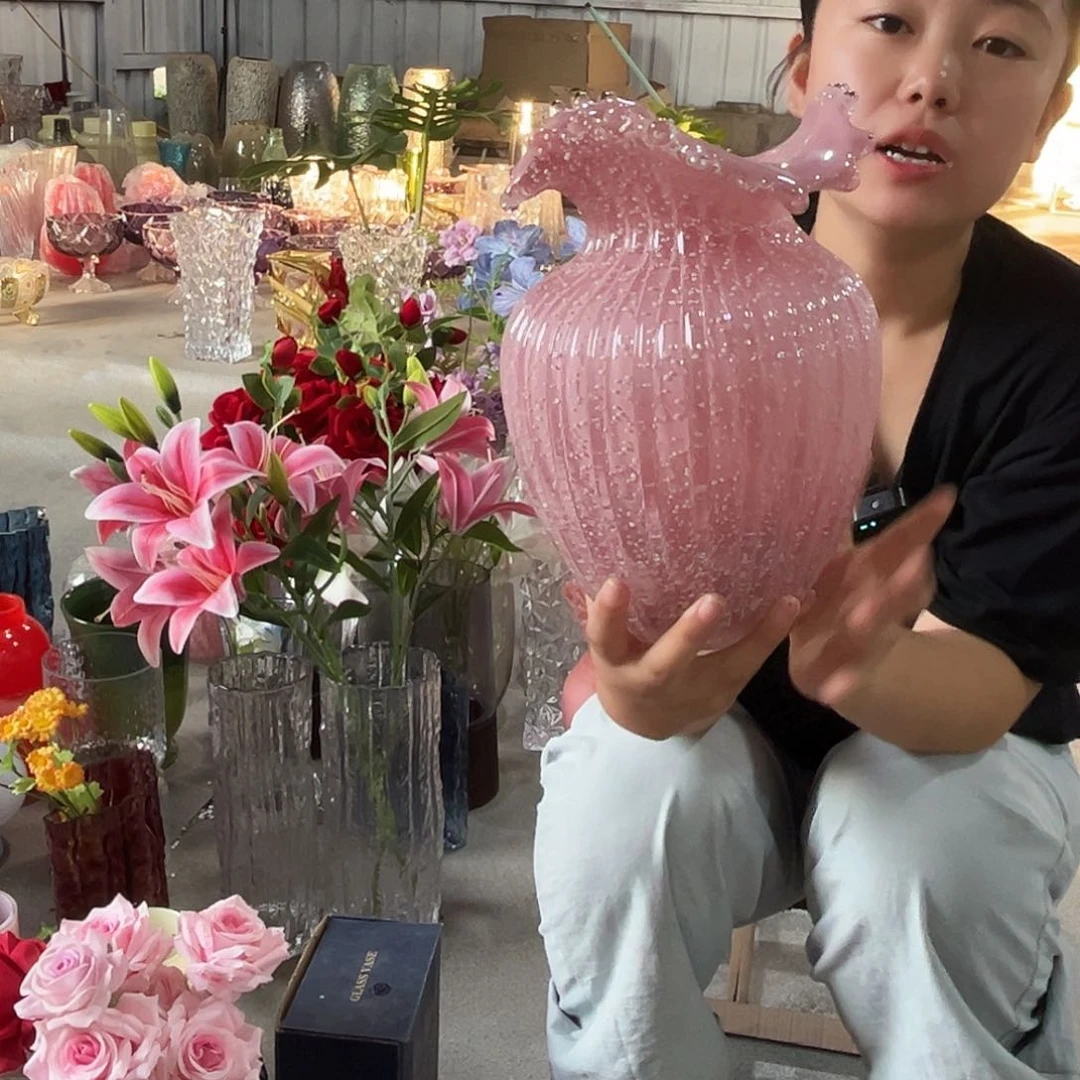 水晶花瓶粉色大浪花