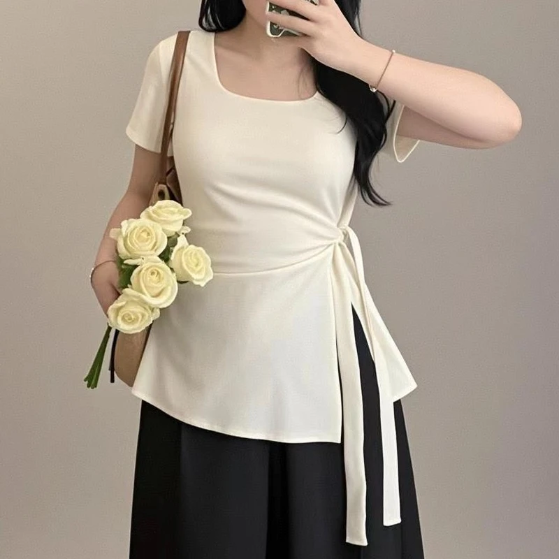 胖MM大静静 D25035高级感正肩短袖T恤夏季修身收腰显瘦方领上衣