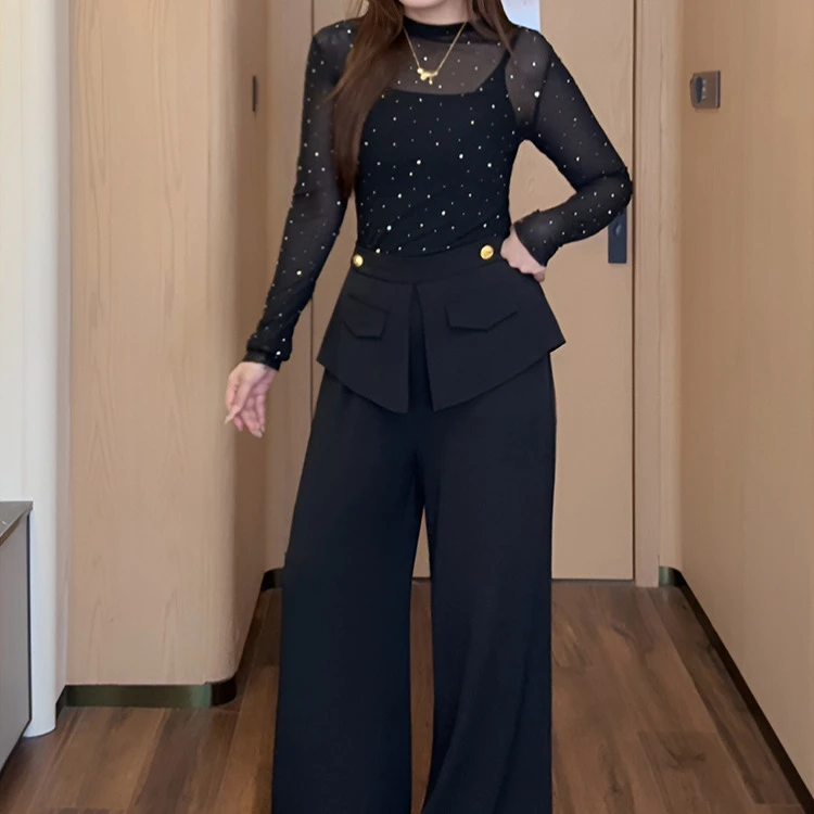 高级感洋气显瘦套装御姐烫钻长袖打底衫女西装长裤2025春秋季穿搭