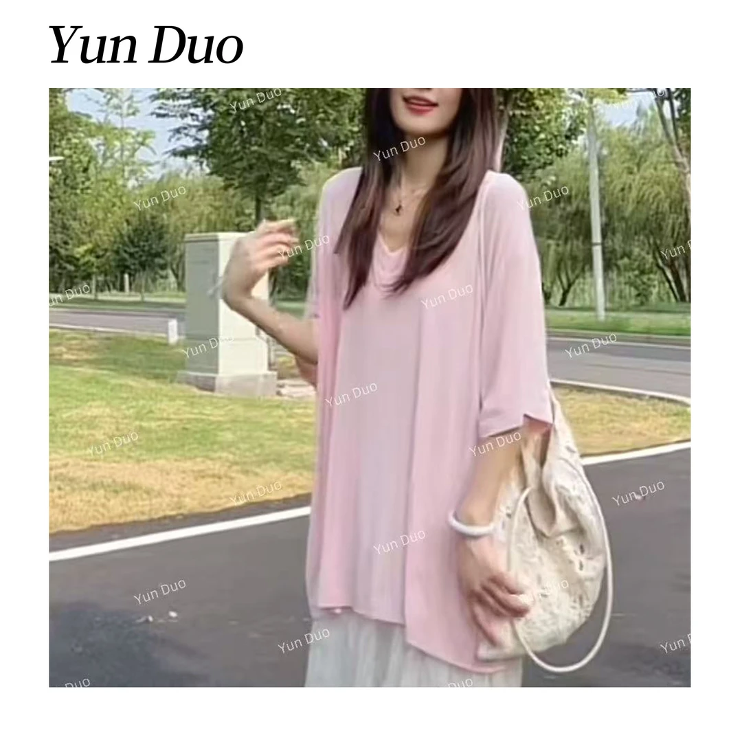 云朵定制【樱雾】纯色慵懒风V领宽松休闲T恤LD63