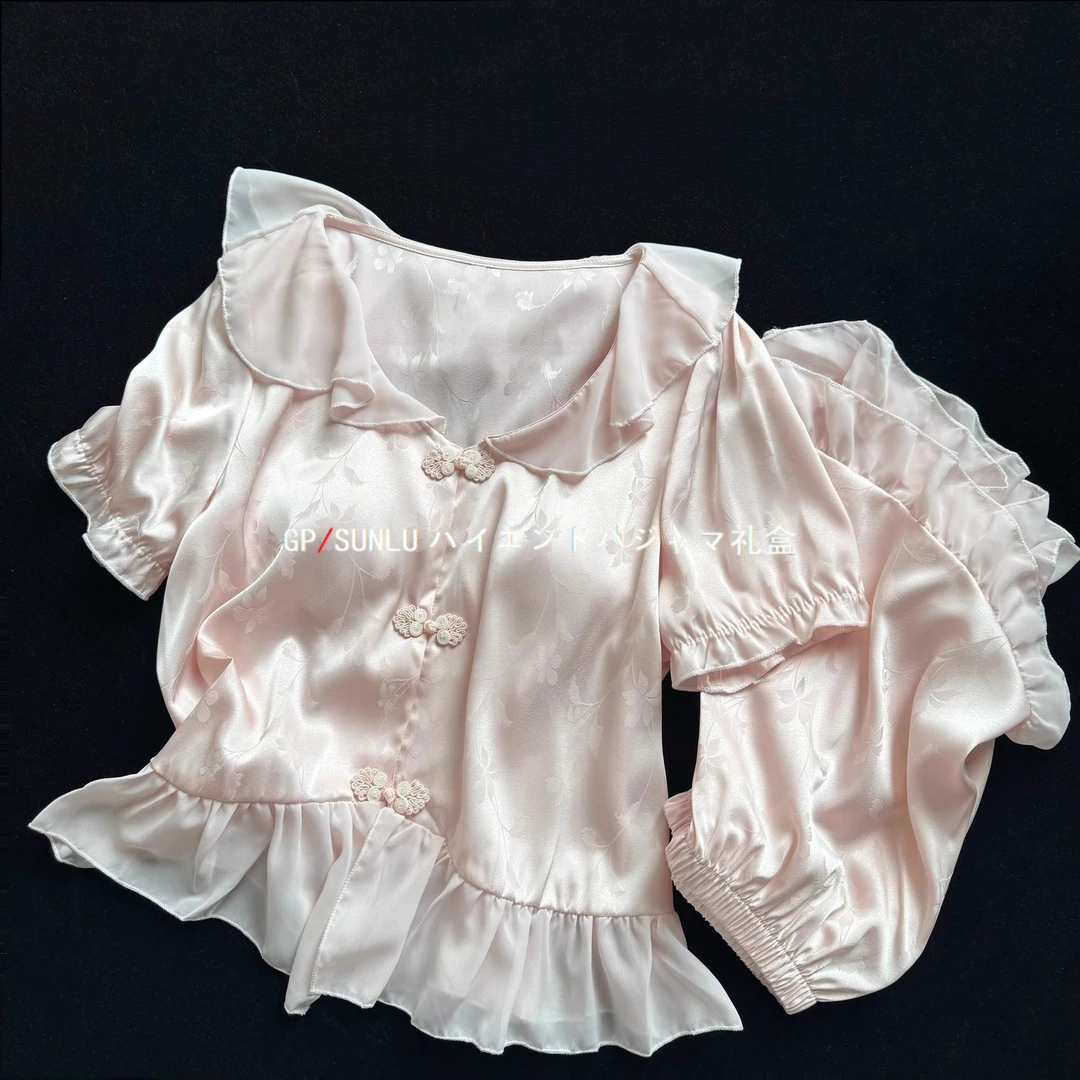 日系小众千金风睡衣女冰丝夏薄款短袖国风中式盘扣夏天开衫家居服