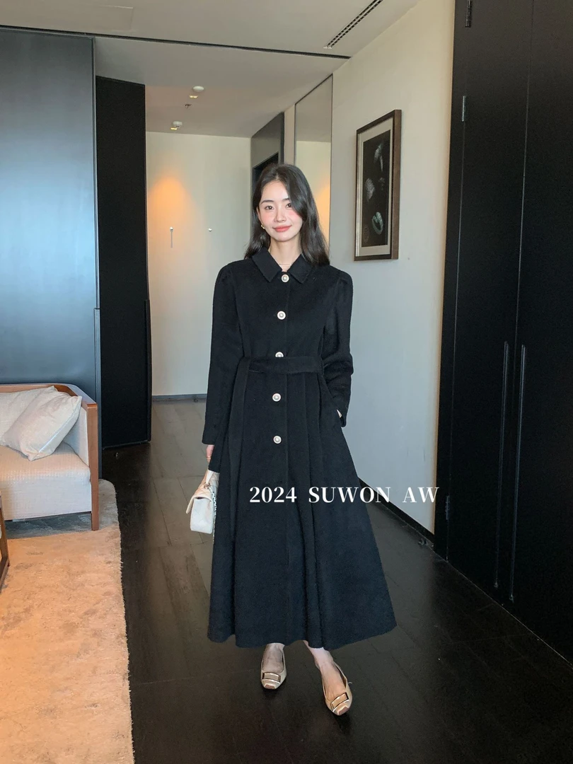 气质收腰赫本风双面手工大衣长款毛呢外套0610