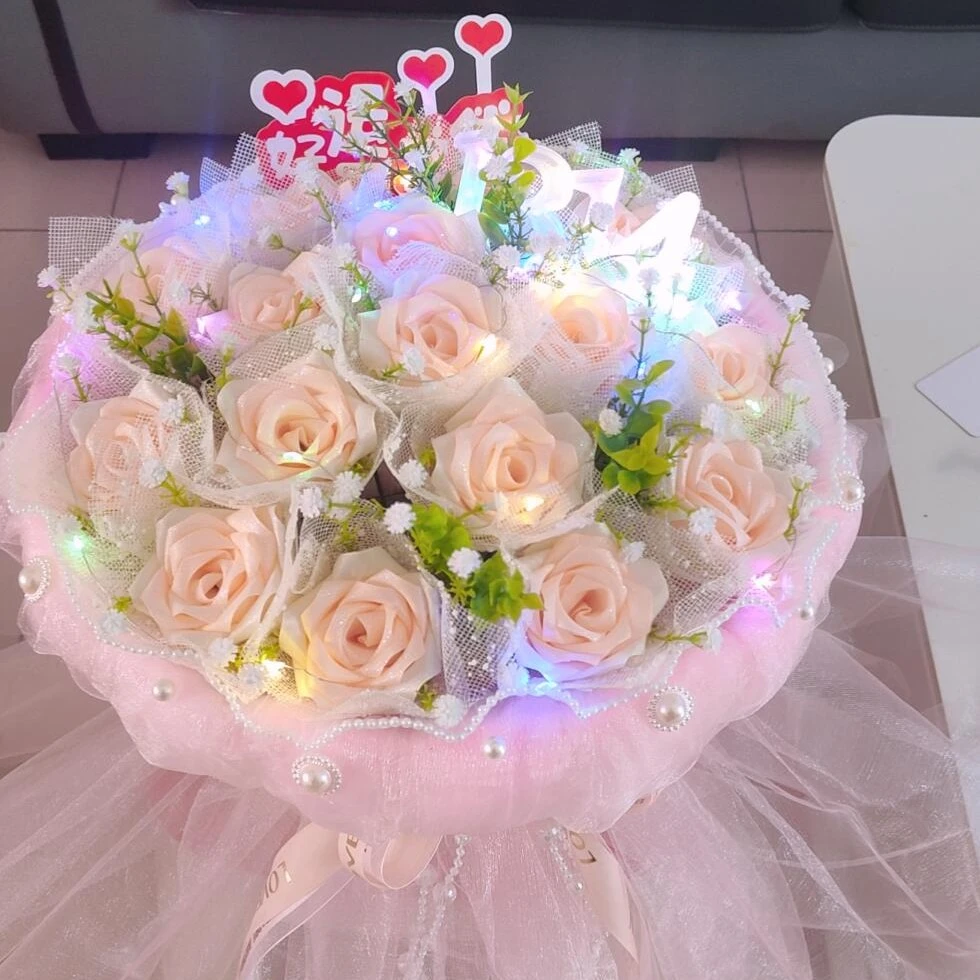 手工香槟玫瑰永生花束 生日礼物 情人节花束 送女友 表白浪漫礼物