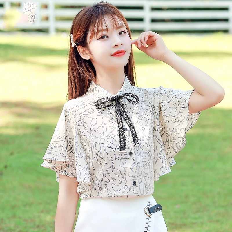 夏装短袖雪纺小衬衫夏季女装新款时尚洋气时髦小个子气质碎花上衣