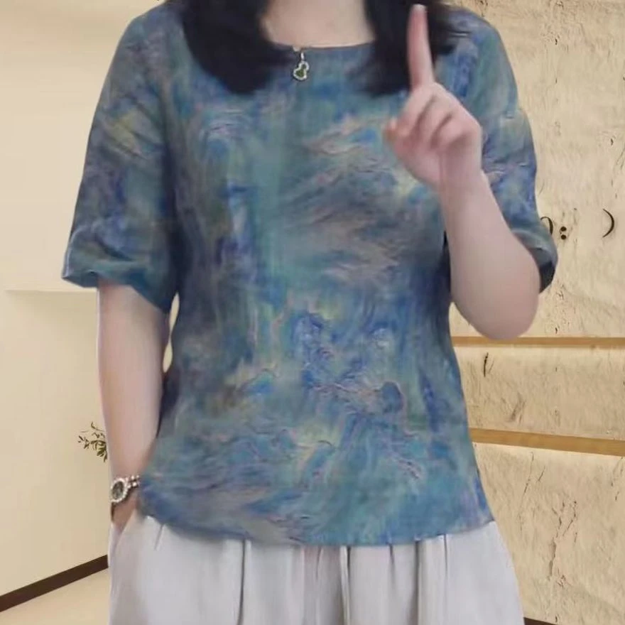 22218夏季新款圆领显瘦遮肉圆领百搭气质小衫