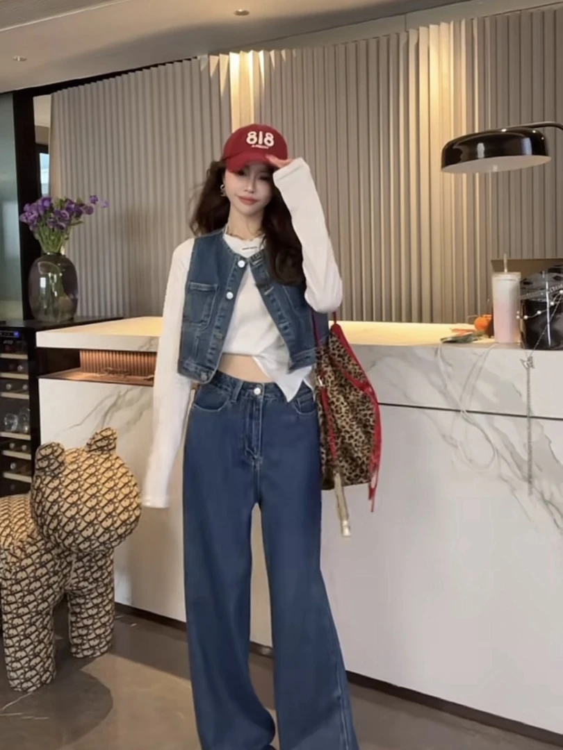 夏季新款简约设计马甲+牛仔长裤套装春秋气质时尚休闲牛仔套装