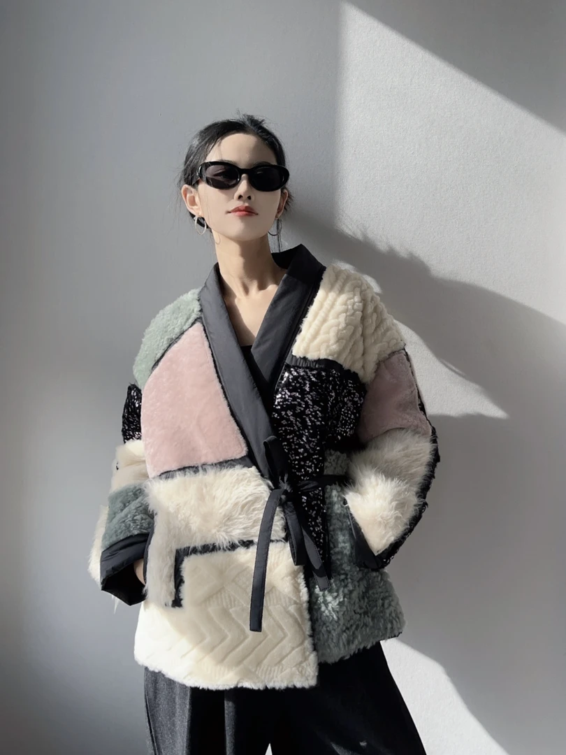 UJ皮草 天然皮草拉贡国风印花皮毛一体进口南非真羊皮撞色新中式