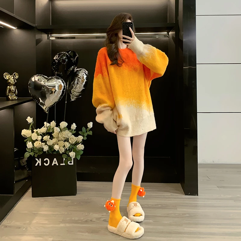 网红洋气减龄橙色渐变毛衣女秋冬韩版慵懒风宽松显瘦百搭针织毛衫