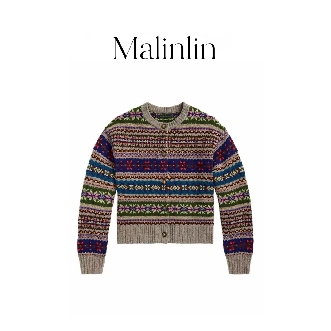 Malinlin老马 费尔岛图案羊毛针织开衫毛衣外套