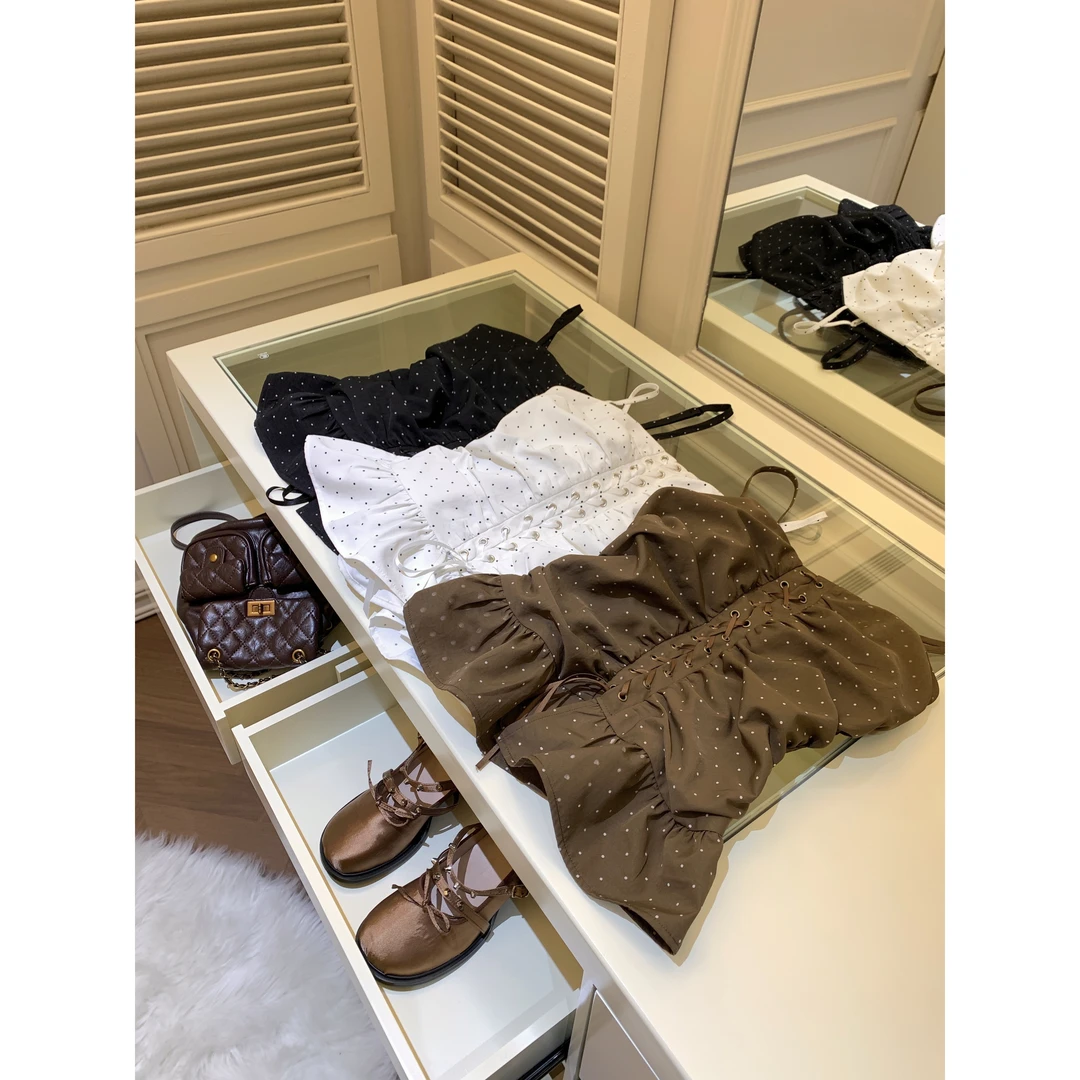 新款小众百搭轻熟设计感拼接绑带波点女吊带A253B0153