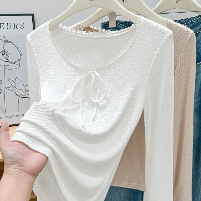洋气白色花边圆领设计长袖薄T恤软糯针织打底衫系带蝴蝶结上衣女