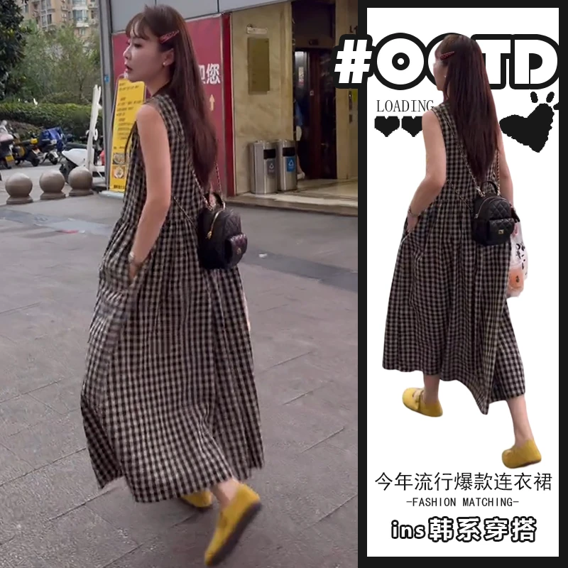 韩版气质减龄中长款格子裙女2025年夏季新款时尚洋气宽松连衣裙潮