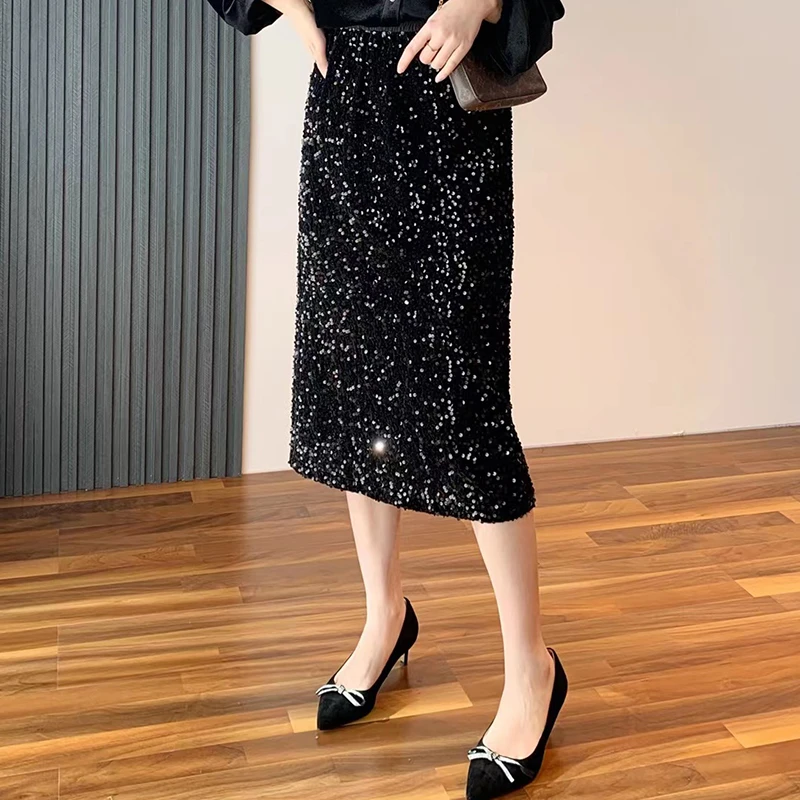 丝绒高密亮片半身裙闪闪小香风高级感后开叉大码显瘦气质中长裙潮
