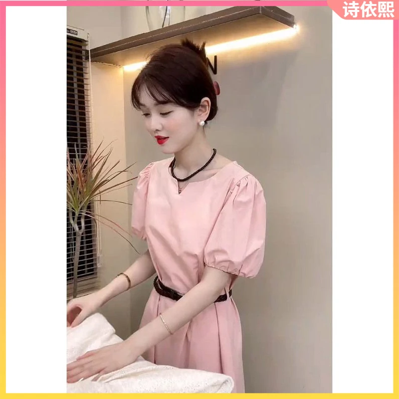 1法式精致感小众设计气质绝美甜美泡泡袖粉色衬衫连衣裙l