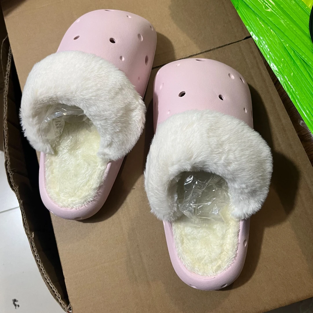 厚底洞洞鞋女款秋冬季加绒室内家居保暖毛毛拖鞋外穿情侣包头拖男