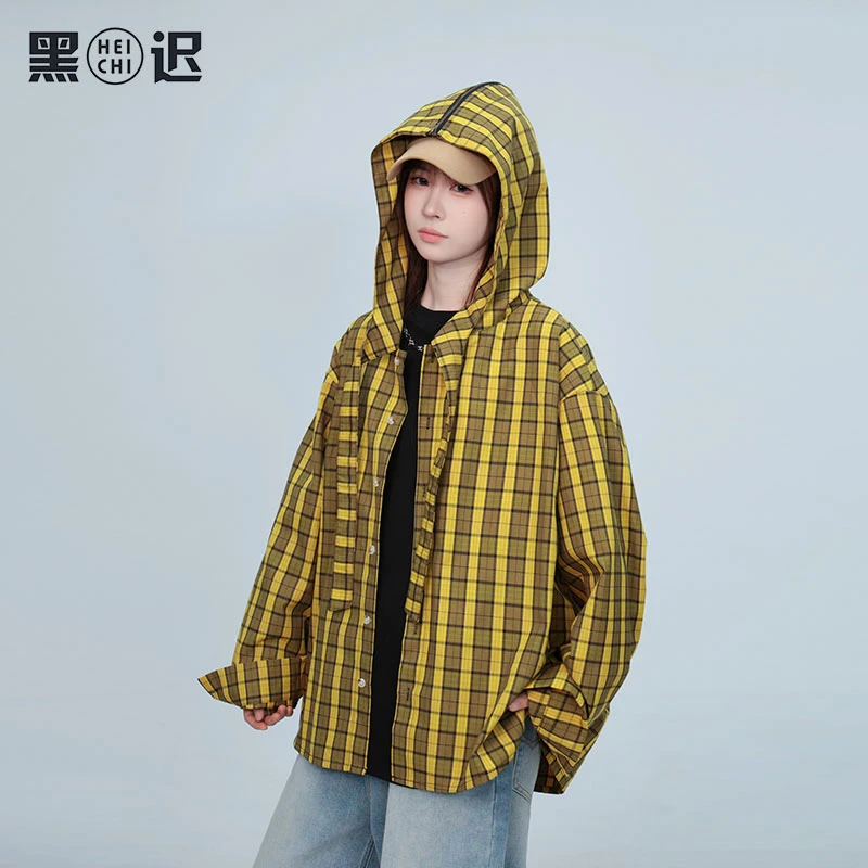 黑迟衬衫格纹黄色连帽斗篷衬衫男女长袖衬衫韩系外套休闲衬衣