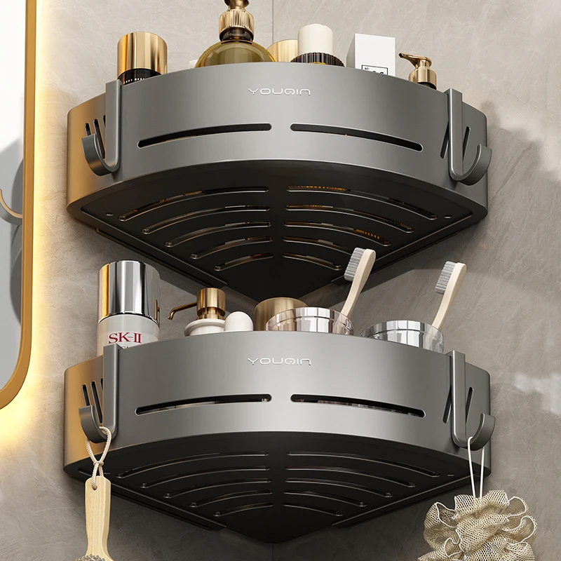 枪灰卫生间置物架免打孔浴室洗漱台化妆品收纳架壁挂式转角三角篮