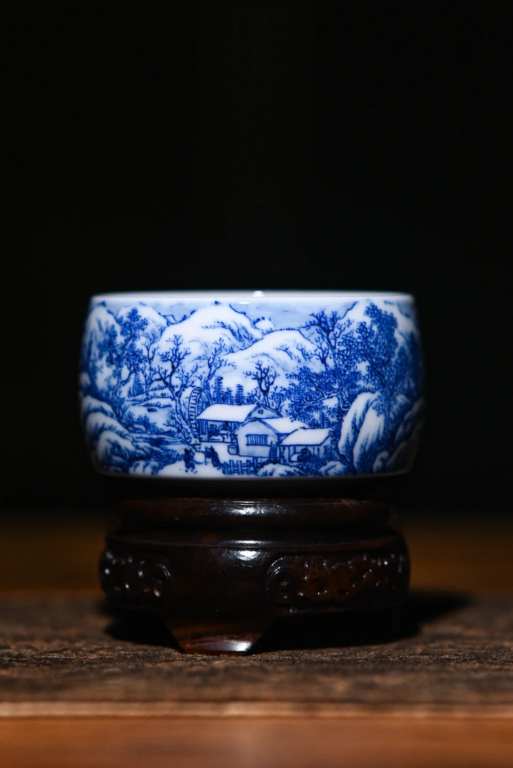 景德镇 九段烧 九段妙手 青花雪景禅定杯A7