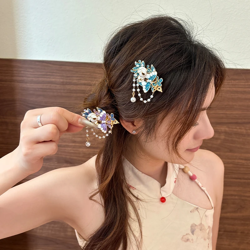烧蓝发夹蝴蝶花朵流苏发夹汉服气质发饰中国风旗袍刘海边夹发饰