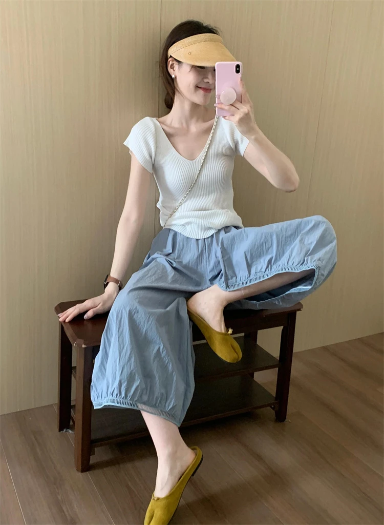 2025夏季新款高级感v领正肩针织短袖高腰阔腿裤时尚显瘦两件套