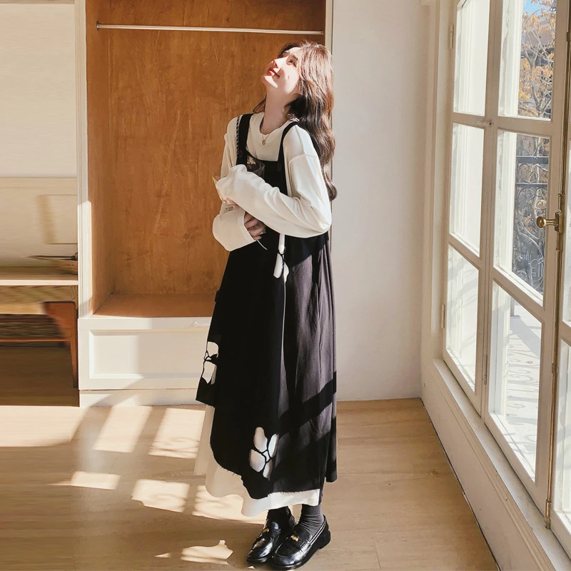 甜美风减龄套装裙女2025春秋新款氛围感韩系镂空背带裙T恤两件套