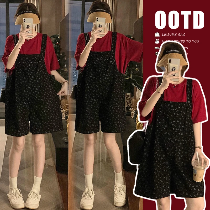 孕妇套装夏季新款时尚网红款休闲显瘦碎花背带裤短裤洋气短袖T恤