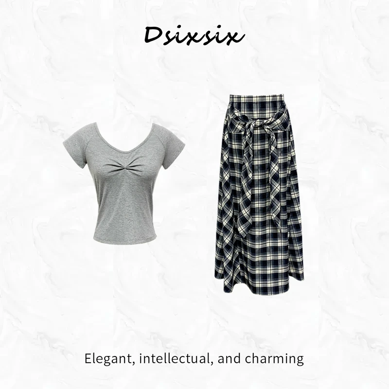 Yeah Me-【复古格调】夏季新款简约美式设计感格纹高腰半身裙套装女