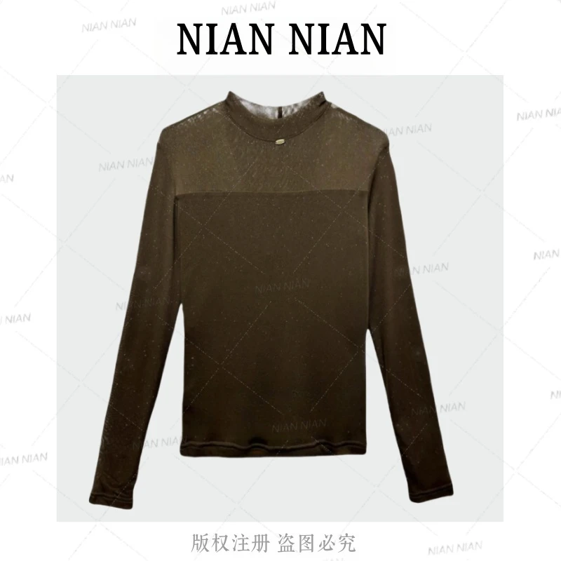 〖格林之梦〗年年2025秋冬新款高领网纱细闪打底衫半高领长袖T恤