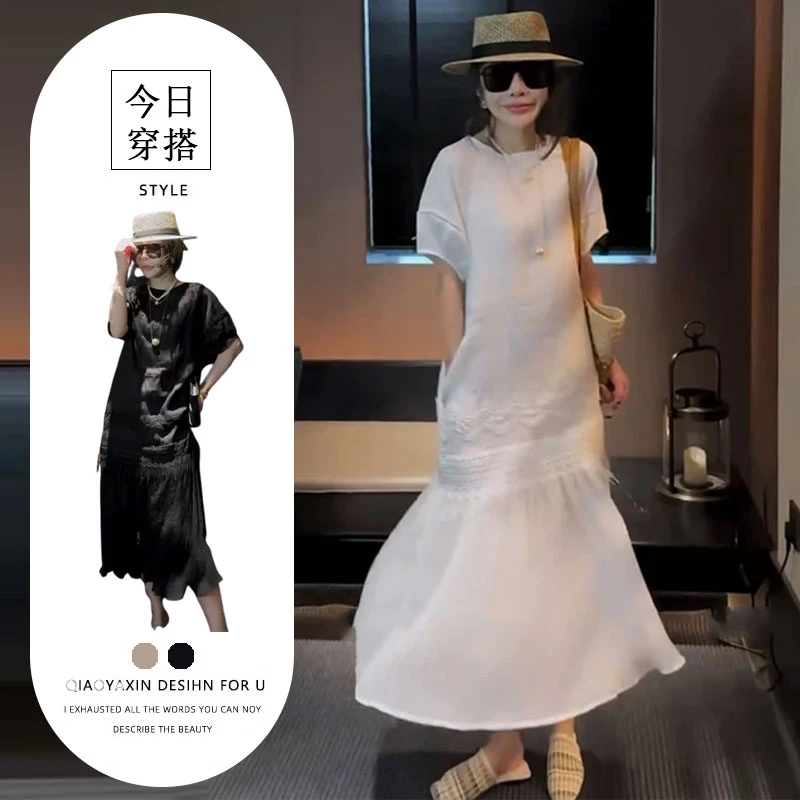 韩系简约高级感休闲白色连衣裙女夏季设计感宽松气质减龄拼接长裙