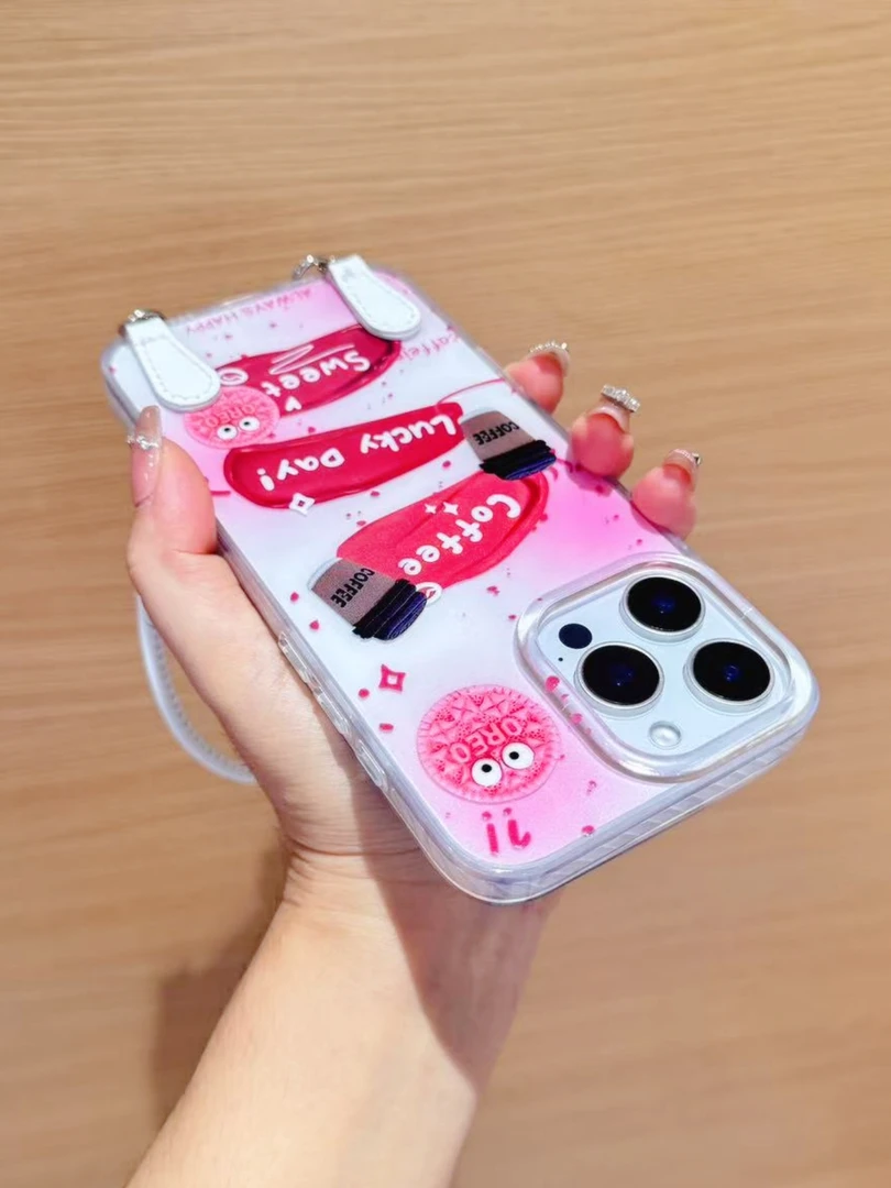 适用苹果12/13/14/1516多型号粉色少女可爱卡通挂绳吊坠手机壳