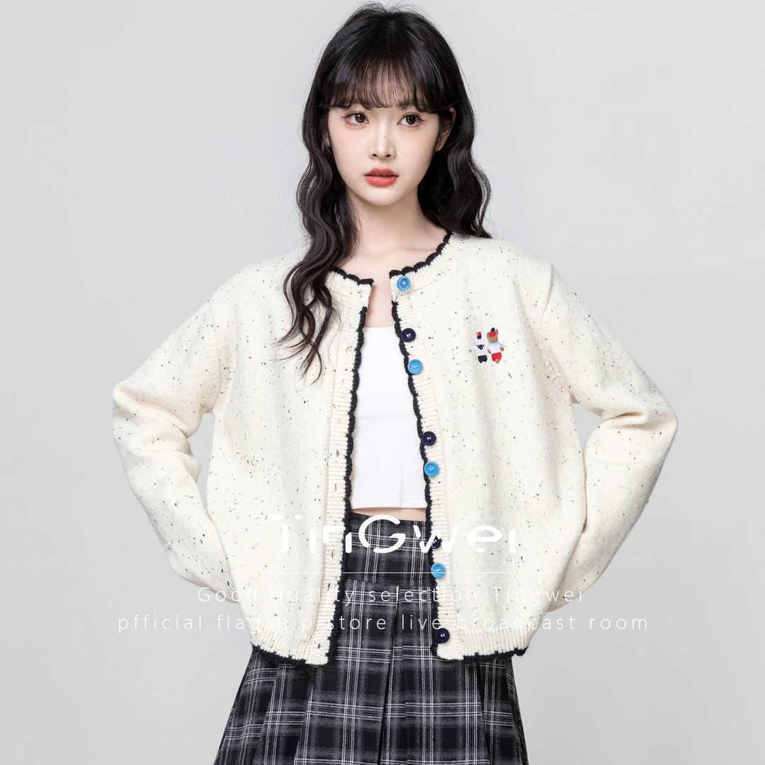 撞色圆领针织开衫女2025春秋新款设计感卡通刺绣毛衣外套短款上衣