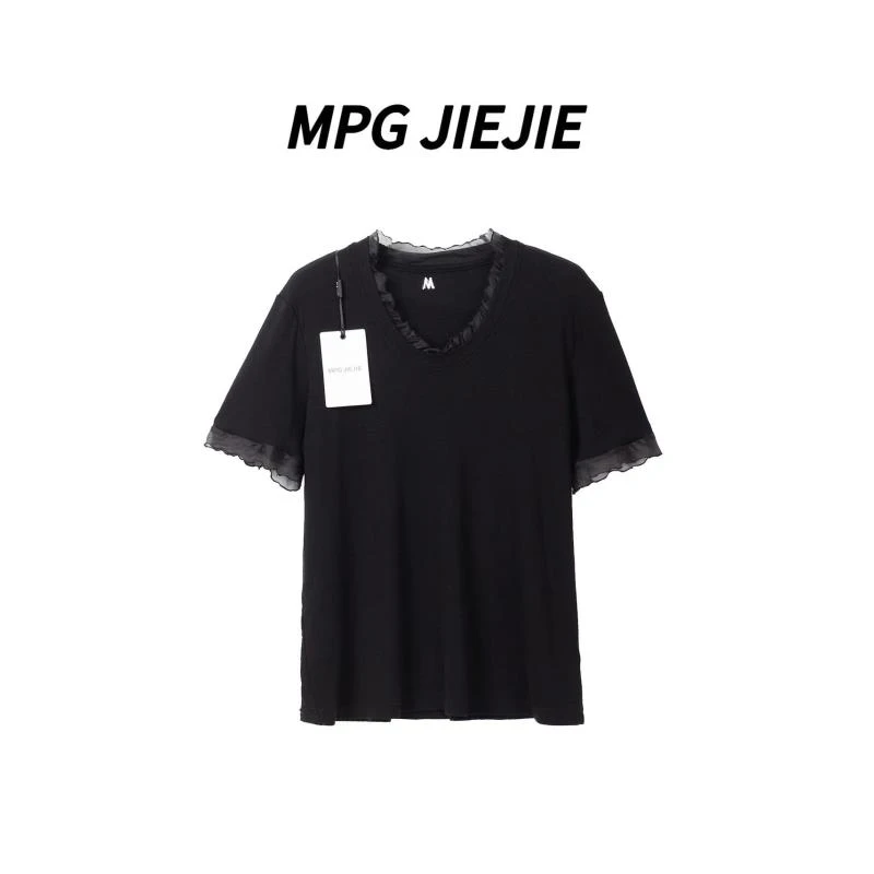 MPG JIEJIE【初见欢喜】25春夏大码法式V领波浪花边正肩刺绣T恤上衣