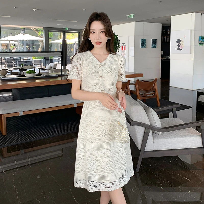 奢姿【花漾月光】大码女装2025夏季V领连衣裙胖妹妹假两件拼接裙子