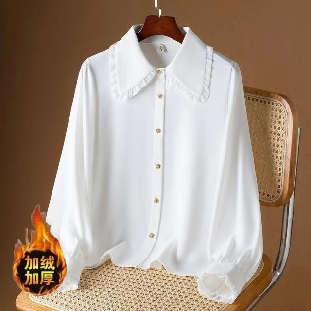 加绒不加绒~秋冬上衣女新款2026年白色衬衫女长袖娃娃领气质衬衣