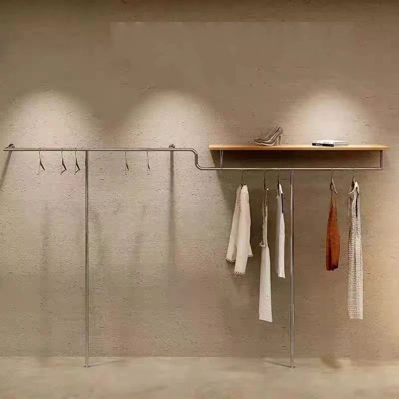 服装店专用不锈钢拉丝银上墙落地挂衣架展示架带层板网红陈列道具