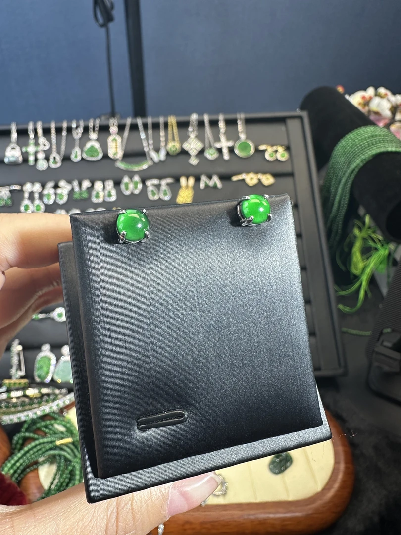 【润诚珠宝】s925银镶嵌天然A货翡翠蛋面耳钉卡6多样性发货