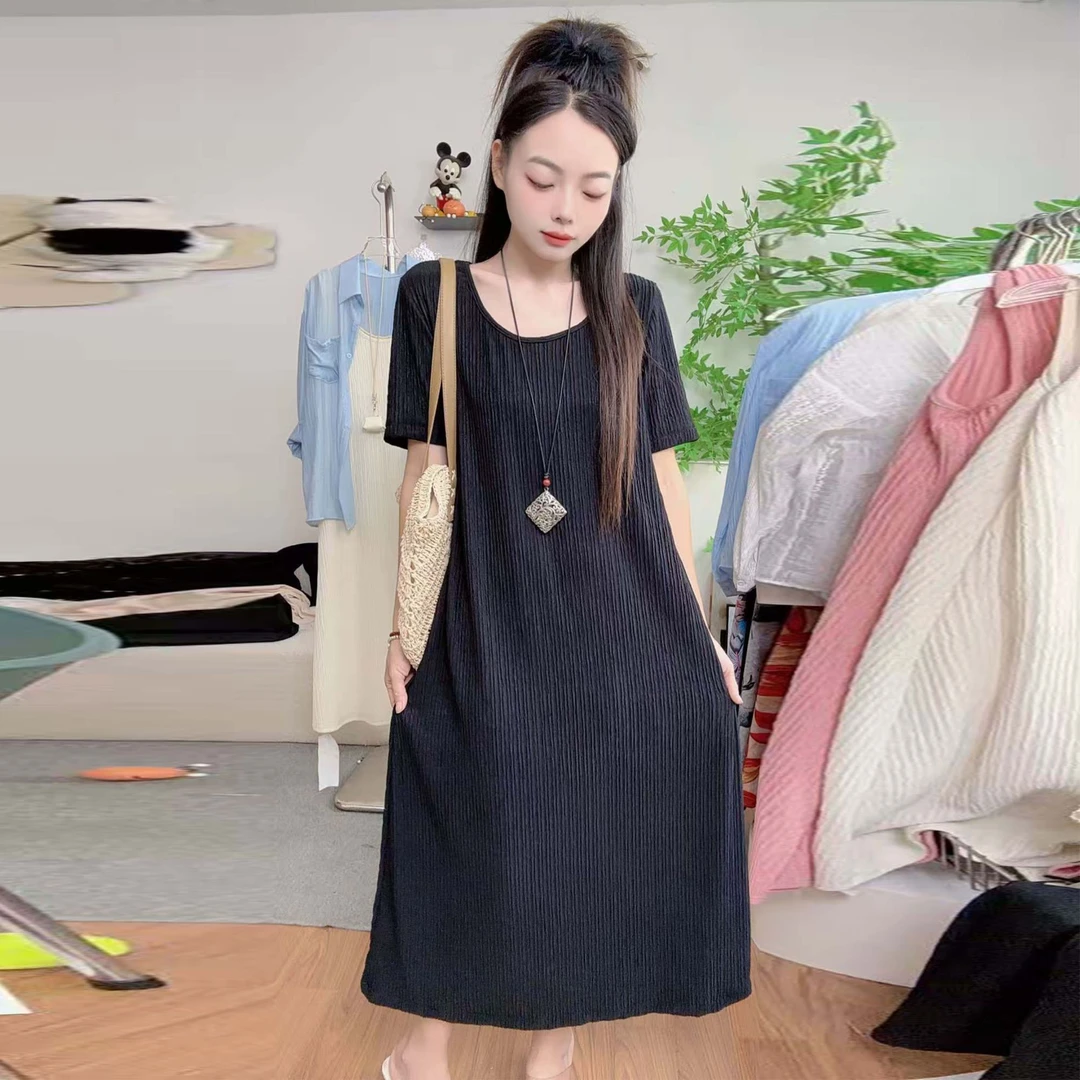 【短袖】气质通勤极简风套头短袖连衣裙韩版长款针织大码女装裙子