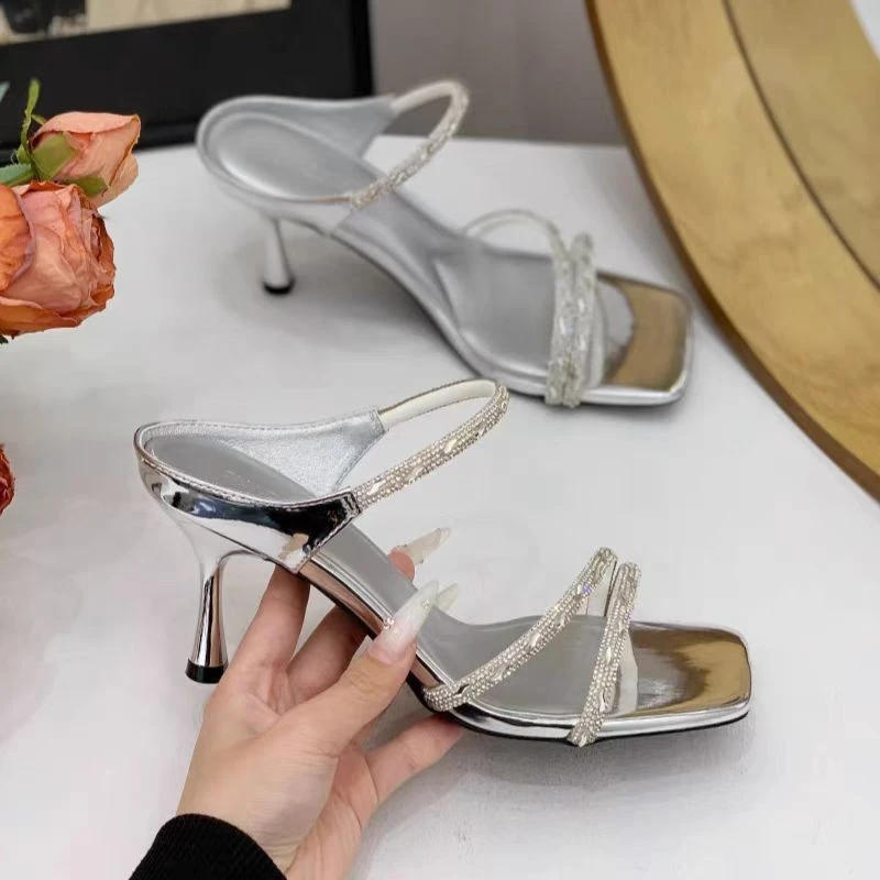 仙女风配裙子水钻凉鞋女2025夏季新款气质细跟7cm方头高跟一字拖