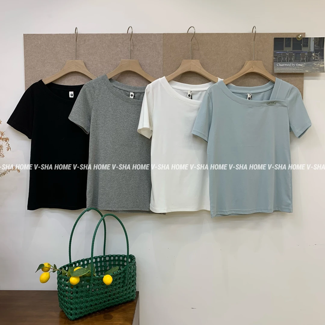 薇莎2039【现货】80-140斤小标不规则领短袖棉T恤