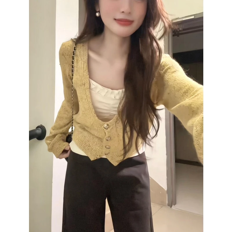 MARIE.COCO慵懒风v领长袖针织开衫花边背心女秋季新款休闲裤套装