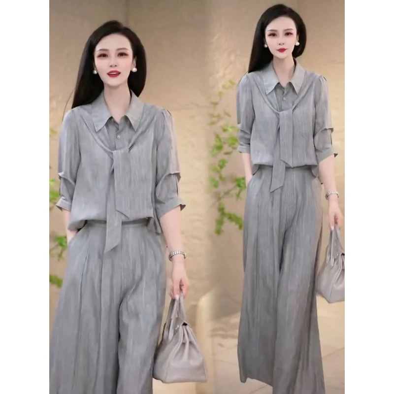 早秋气质系带翻领套装2025新款时尚中年妈妈E洋气纯色薄款两件套1